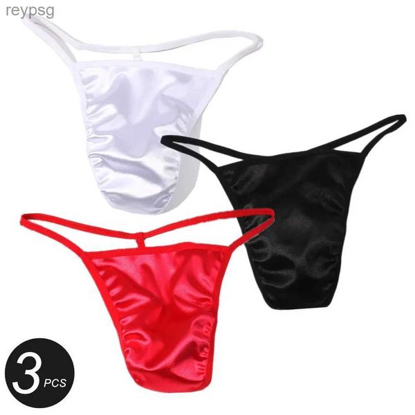 Calzoncillos bragas 3 uds grandes convexos hombres satén Tanga ropa interior Sexy bulto bolsa G-string sin costuras T-back masculino YQ240215