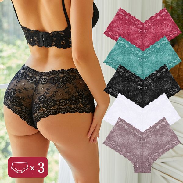 Slips Culottes 3 pièces femmes dentelle florale Sexy Perspective sous-vêtements taille en V couleur unie caleçons femme respirant intimes Lingerie 230824