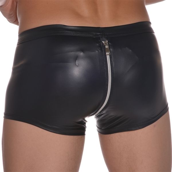 Slips Culottes Slips Culottes Boxer Sexy Hommes Boxers PU Cuir Homme Shorts Slip Slip Gay Pénis Pouch Homme Sous-Vêtements Bulge Zipper Open Butt Culotte l230818