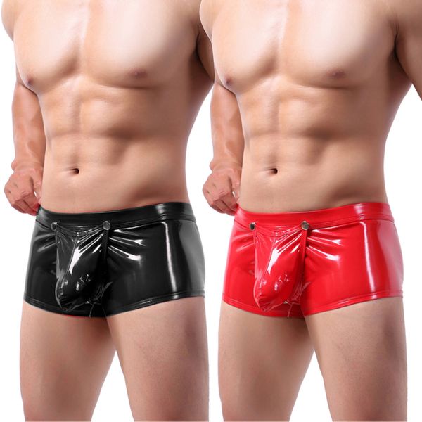 Slip Culotte Bouton Faux Cuir Wet Look Sexy Gay Sous-Vêtements Pour Hommes Sissy Jockstrap Poche Ouverte Boxer Shorts Slip Hommes Culotte Cueca 230818