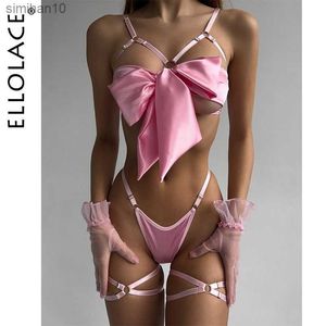 Slip Culotte Ellolace Bowknot Lingerie Soutien-Gorge Ouvert À Lacets Sous-Vêtements Sexy 3 Pièces Satin Tenue Érotique Jeunes Filles Non Censurée Bilizna Ensemble De Sexe L230518