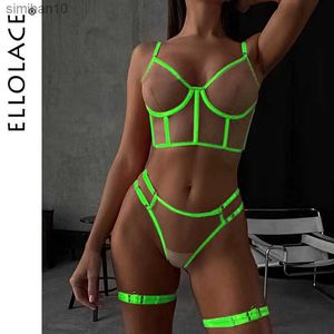 Slip Culotte Ellolace Neon Green Lingerie Fétiche Femmes Nues Sans Censure Sous-Vêtements Qui Peut Voir Intime Sexy Nu Transparent Soutien-Gorge Ensemble L230518