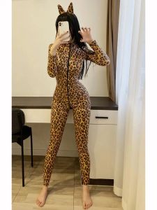 Briefspanties Leopard Shiny Pu Leather Catsuit Cosplay Tentigure justaucorps bidirectionnel à deux voies