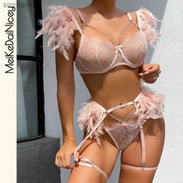 Slip Culotte MeiKeDaiNicey Plume Sensuelle Lingerie Sexy Transparent Dentelle Soutien-Gorge avec Chaîne Ensembles Exotiques Porno 3 Pièces Ensemble Jarretières Costumes Érotiques L230518