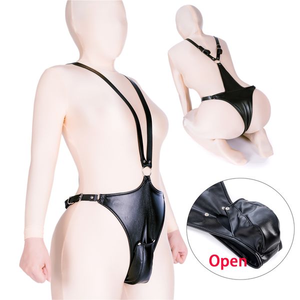 Calzoncillos Bragas Hombres Cuero G Cuerdas Tanga con correas en forma de V Bolsa de pene abierto SM Bondage Cock Cage Chastity Panty Club Disfraz Lencería sexy 220922