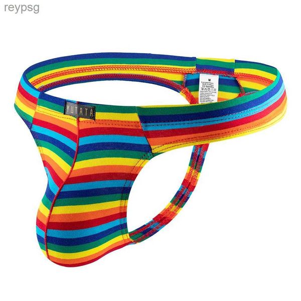 Calzoncillos bragas hombres micro tanga sexy u bolsa convexa lencería calzoncillos arco iris raya tanga bikini ropa interior transpirable YQ240215