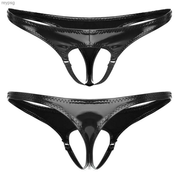 Calzoncillos bragas para hombre sexy erótico tanga tanga Wetlook PU ropa interior de cuero recorte bolsa trasero suspensorio agujero T-back calzoncillos YQ240215