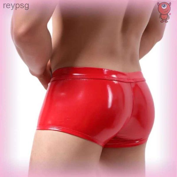 Slips Culottes Hommes Sexy En Cuir Lingerie Ouvert Entrejambe Pantalon Court Pour Le Sexe Latex Façonnage Gaine Fétiche Boxer Slip Bulge Poche Sexi YQ240215