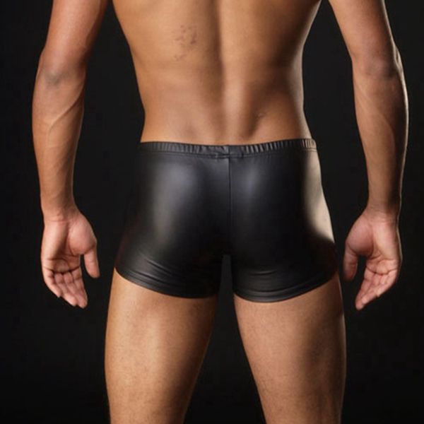 Slips Culottes Hommes Sexy En Cuir Lingerie Pantalon Court Gay Latex Shaping Gaine Fetish Shorts Métallique En Cuir Verni Sous-Vêtements Bulge Pouch Sexi 230818