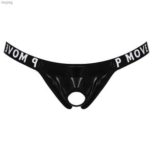 Slips Culottes Hommes Sexy En Cuir Verni Lingerie Évider Bulge Poche Latex Jockstrap T-Back Lettre Imprimer Ceinture Tongs Sous-Vêtements YQ240215