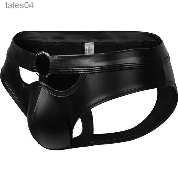 Calzoncillos Bragas Ropa interior gay sexy Hombres Tanga Tangas Espalda hueca Jockstrap Bragas de cuero de imitación negro Ropa interior de hombre Calzoncillos de pene erótico YQ240218