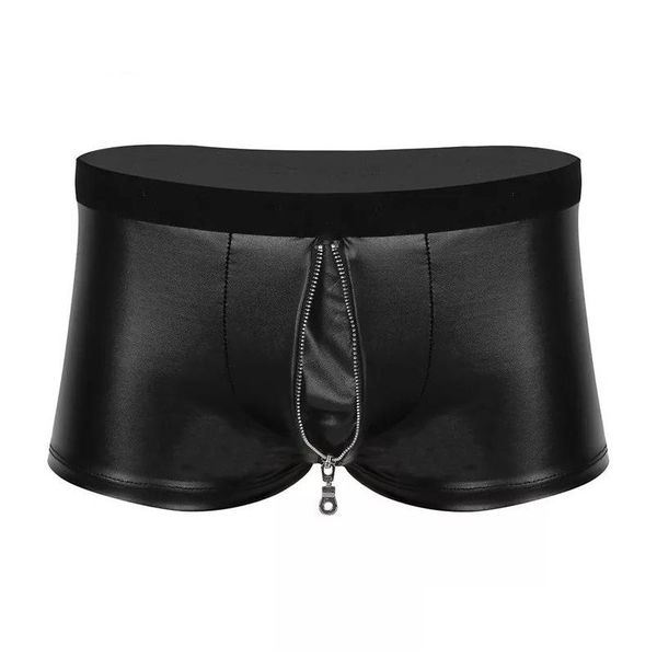 Calzoncillos Bragas Lencería sexy Bragas para hombre Boxer de cuero brillante suave Ropa interior con cremallera en la entrepierna Ropa de entrega Dhj56