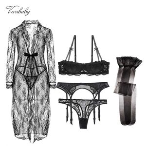 Calzoncillos Bragas Varsbaby 5 unids/lote ropa interior floral de encaje sexy sujetador + Tanga + cinturón + medias + camisón transparente conjuntos de lencería L2404