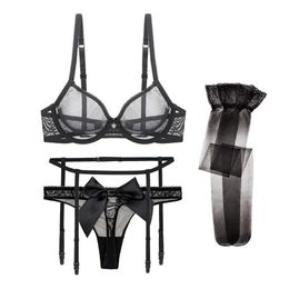 Varsmiss – ensemble 4 pièces pour femmes, lingerie sexy, soutien-gorge transparent, string en dentelle, porte-jarretelles, bas noir, L2304