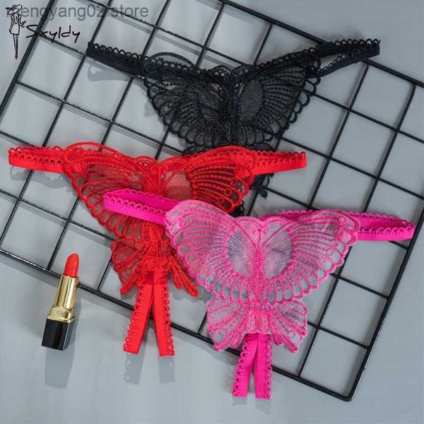 Calzoncillos Bragas Mujer Bragas sexy Sin entrepierna Tanga Encaje Transparente Entrepierna abierta T espalda Ropa interior Moda femenina Cintura baja Mariposa Tanga T23601