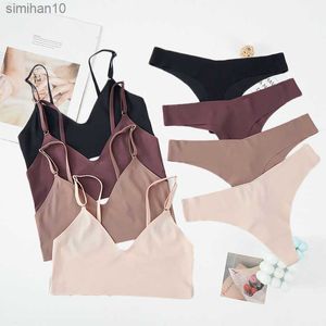 Women's Seamless Bra and Thong Set, Low Waist Panties, Wire-Free Bralette, Ice Silk Underwear Set L230518