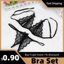 Slips culottes femmes Lingerie Sexy ensemble complet dentelle respirante dames ouvert entrejambe G-String et Bralettes Ultra minces doux sangle fine brassière L23.10.14