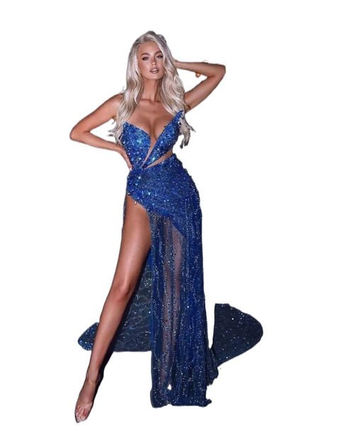 Bleu vif robes de bal courtes paillettes sans manches sans bretelles col en V appliques bouffées appliques paillettes sexy robes de soirée chic balayage longueur de plancher plus la taille