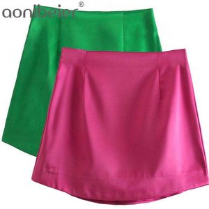 Jupe de hanche de satin de couleur vive Summer Curved Hem High Taille Slim Femmes Mini Crayon Femme Bottoms Vert 210604