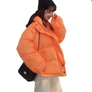 Heldere Kleuren Winterjas Vrouwen Parka Warme Dikke Effen Korte Stijl Katoen Gevoerde Parka Jas Losse Stand Kraag Uitloper 201026