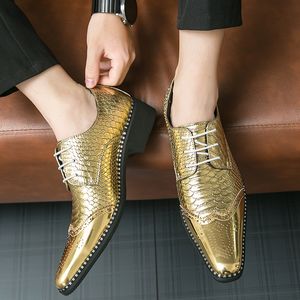 Zapatos de cuero con punta cuadrada y estampado de escamas de pez brillante con estilo con cordones, zapatos de negocios formales dorados, zapatos derby para banquete de boda para hombre, talla 38-46
