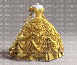 Bright Gold Princess Quinceanera jurkt uit schouder geplooide gezwollen rok belle kostuum veter korset gotische prom bruine jurk