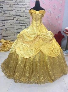 Bright Gold Quinceanera prom jurken veter korset Gothic Cosplay Applique Long Sweet 16 Dress Prom Party Birthday Jurk