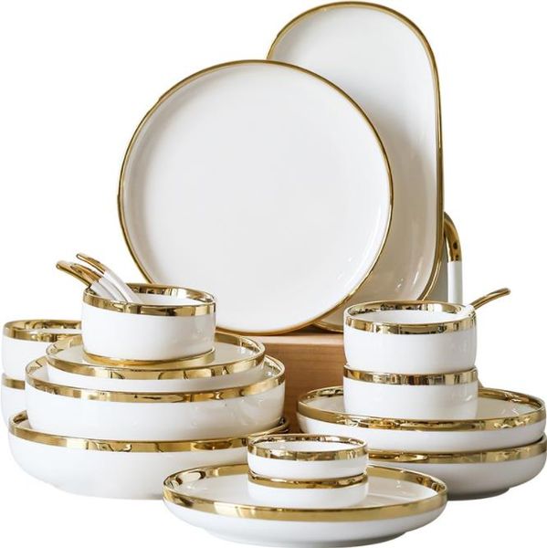 Rimbre de oro brillante Cocina de porcelana de porcelana Cerámica Cerámica Cerámica Comida Platos Ensalada de arroz Fideos Tazón