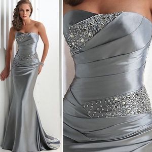 Bright Gray Strapless Avondjurken Pailletten Satijn Slanke Fit Mermaid Prom Dresses Sweep Train Women Fashion Clothes