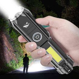 Lampe de poche Led lumineuse Usb Rechargeable Zoomable Flash Light avec Cob Batterie 18650 intégrée Camping en plein air Randonnée Torche J220713