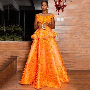 Fel oranje Afrikaanse prom -jurken met bloemen Appliques Sheer Neck Betap Peplum Plus Size Evening Jurk Party Wear Robe de Soiree 2021