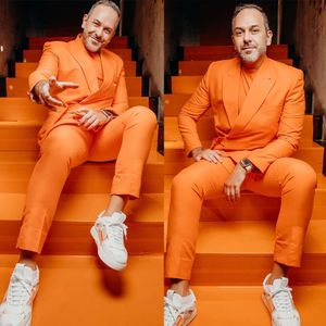 Bright Orange Mens Broek Suits Klassieke Fit Bruidegom Tuxedos Piek Reving Prom Party Blazer Overjas (jas + broek)