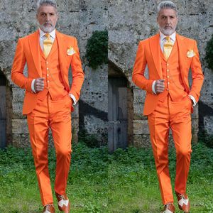 Smoking de mariage orange vif revers large costume pour hommes Slim Fit formel marié bal dîner loisirs Blazer (veste + gilet + pantalon)