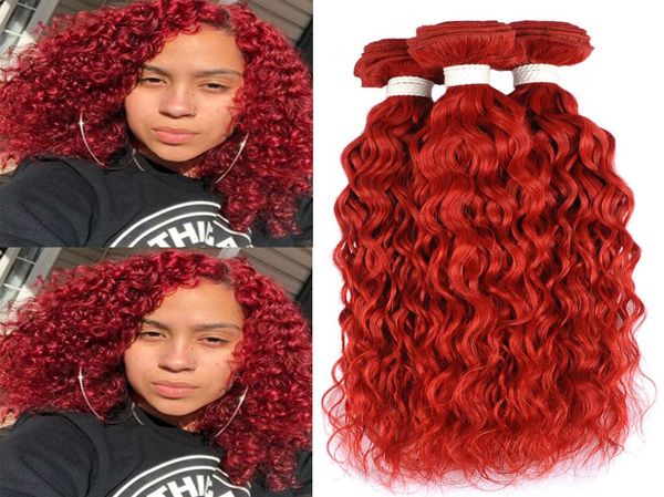Brésiliens rouge vif Red Brésilien Poules de cheveux humains humides et ondulés 300 grammes de couleur rouge vague d'eau vierge Extensions Double trame 10303991062