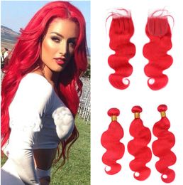 Tissages de cheveux humains rouge vif avec fermeture à dentelle, Extension de cheveux humains avec fermeture à dentelle à raie centrale, offres en lots de 3, 5313647