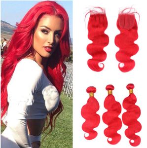 El cabello humano rojo brillante se teje con cierre de encaje, 3 ofertas de extensiones, extensión de cabello humano con cierre de encaje de separación media 5313647