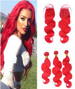 Tissages de cheveux humains rouge vif avec fermeture à dentelle, Extension de cheveux humains avec fermeture à dentelle à raie centrale, offres en lots de 3, 6848172