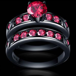 Anillo rojo brillante granate para mujer, joyería de boda encantadora, conjunto completo de anillos de pareja de oro negro, bisutería femenina man317x