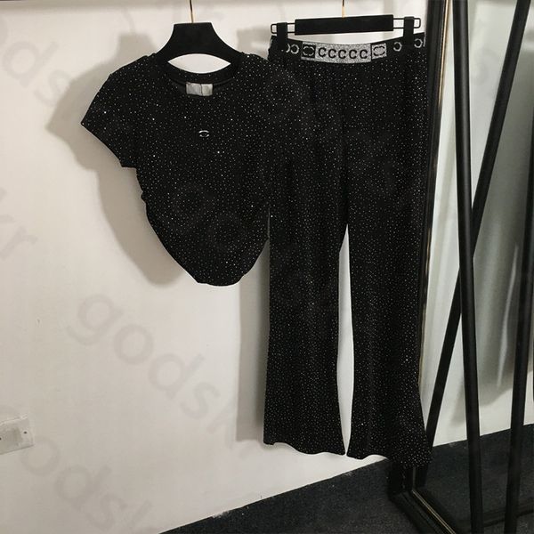 Pantalon T-shirt en soie brillante créatrice de mode pour femmes à manches courtes à manches courtes pantalon à jambes larges hautes à jambes larges