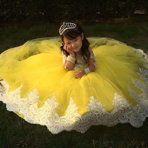 Vestidos de niñas de flores de bola amarilla brillante cuello joya de manga larga aplicación de encaje para niños vestidos de boil boil boilet comunión 415