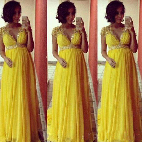 Vestidos de noche largos de chifón amarillo brillante, vestidos de fiesta formales de manga corta, vestidos de maternidad para embarazadas, cuentas imperiales de cristal