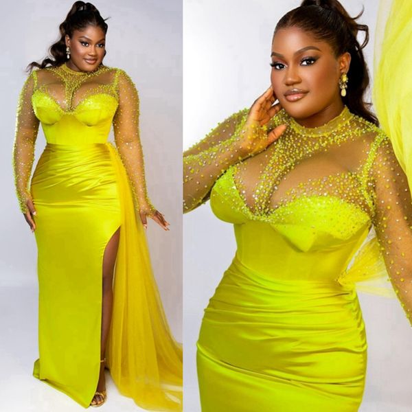 Robes de soirée jaune vif élégante sirène col transparent manches longues perlée robe de bal sexy côté fendu fête d'anniversaire robe de bal pour les femmes noires fiançailles NL037