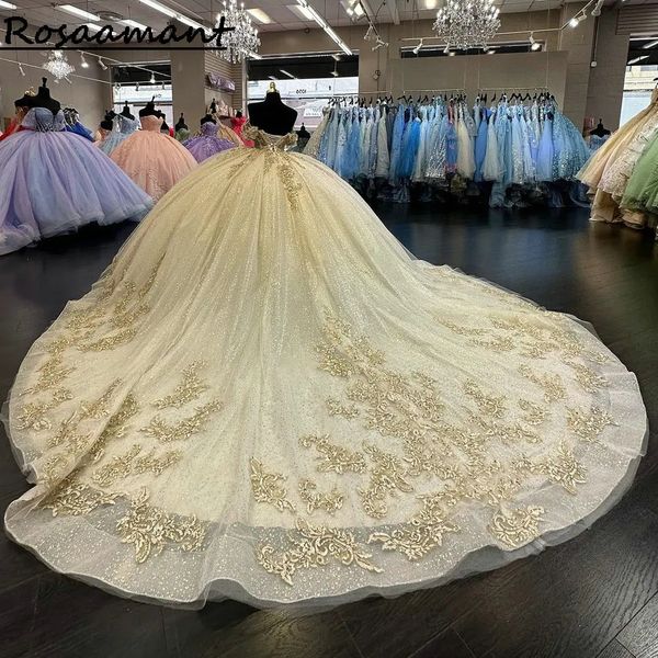 Robe De bal en cristal à paillettes, Illusion jaune vif, robes De Quinceanera, épaules dénudées, avec des Appliques en dentelle, Corset, robes De 15 ans