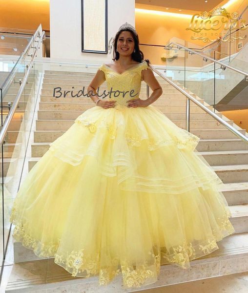 Jaune vif sur l'épaule robes de Quinceanera élégante robe de bal dentelle perlée mascarade robes de bal 2021 Charro mexicaine douce 16 robe