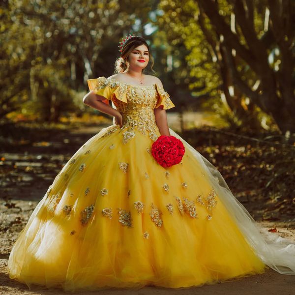 Robes de Quinceanera jaune vif, appliques florales 3D, épaules dénudées, longueur au sol, robe de bal de princesse, robe de soirée pour filles de 16 ans, sur mesure, 2024