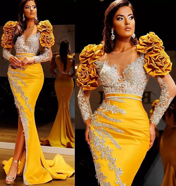 Robes de bal sirène en satin jaune vif Sheer Neck Vintage froncé Puff manches longues dentelle Appliqued robes de soirée formelles Aso Ebi Split Sexy Abendkleider CL1589