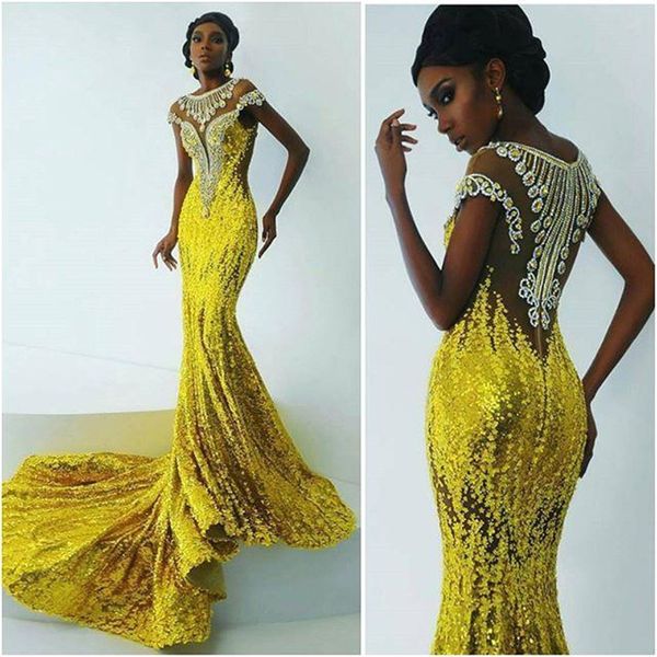 Vestidos de fiesta de sirena con lentejuelas de color amarillo brillante para mujeres de África 2018 Apliques de cuentas Vestidos de noche Tren de barrido Vestidos de fiesta de niña negra