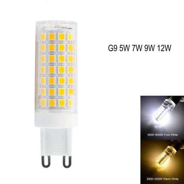 Lámpara LED G9 más brillante, CA 220V, 5W, 7W, 9W, 12W, bombilla LED de cerámica SMD2835, foco blanco cálido/frío, reemplaza la luz halógena D2.0
