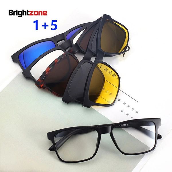 BrightZone Fashion Unisexe TR90 Optical Cadre 5 Lenses solaires Clip-ons Polarise Sunglass Vision Vision Magnetic Rx Spectacle Frames 240401