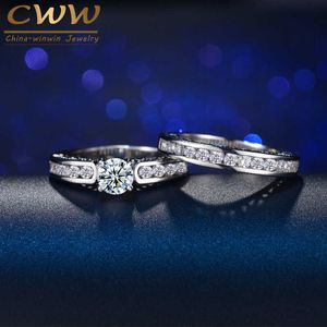 Briljante Cut 1 Carat Cubic Zirconia Wedding Anniversary Engagement Bruids Ring Set Mode Party Sieraden R010 210714
